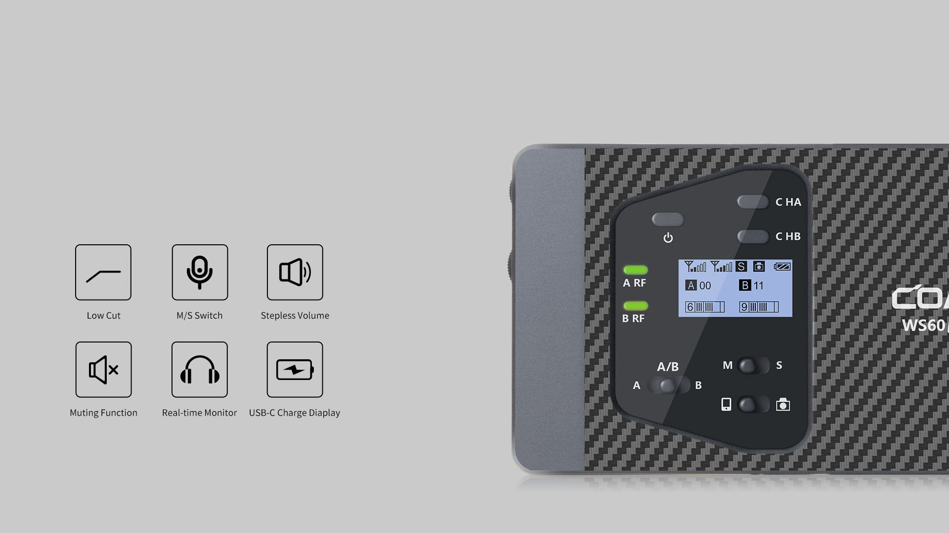 M/S Switch, Stepless Volume Adjustment, Muting Functions